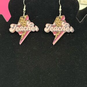 Teacher Lightning Bolt Leopard Print Earrings — Pink & Yellow